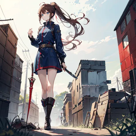 solo1.3、Abandoned City 1 .4、 Mysterious Adorable Girl 、Hold a mechanic rod-shaped weapon 1.7、Leather Armor 1 .5、 Black Mechanic Machine Cage Hand 1 .5、 Black Mechanic Machine Boots 、Reddish brown hair、Dark Light Blue Eyes 、very long ponytail1.3、messy hair、