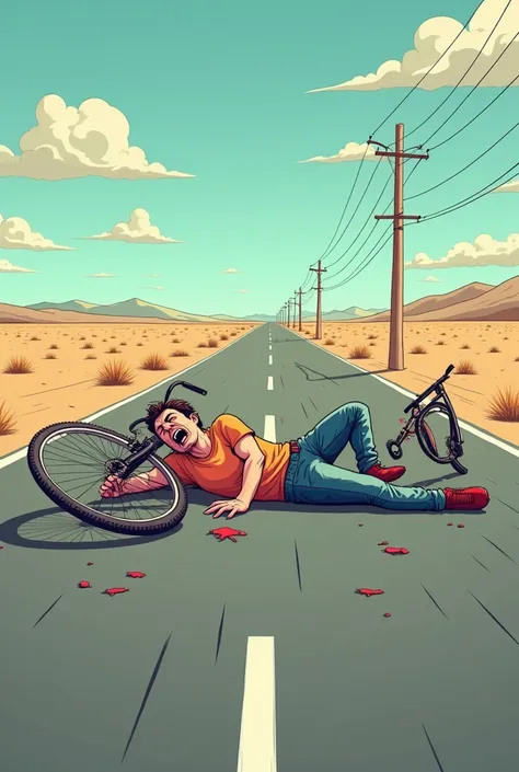 Theres a man with some blood and bike lying down  on the floor of road cartoon 