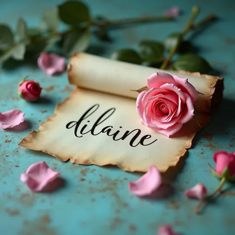  The image shows a scroll or roll of brown paper with the name  "DILAINE"  written in elegant and dark calligraphy .  On the scroll , descansa umIn pink vermelha vibrante,  partially open ,  with soft and delicate petals .  O rolo e In pink estão posiciona...