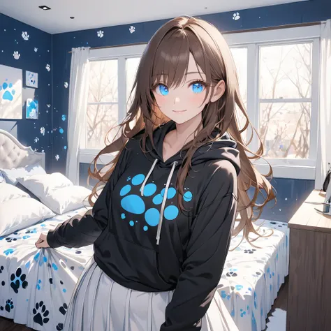 A beautiful woman with long, long flowing brown hair and striking blue eyes, Soft smile, Cold eyes, Black hoodie with paw prints, White skirt, Modern house bedroom