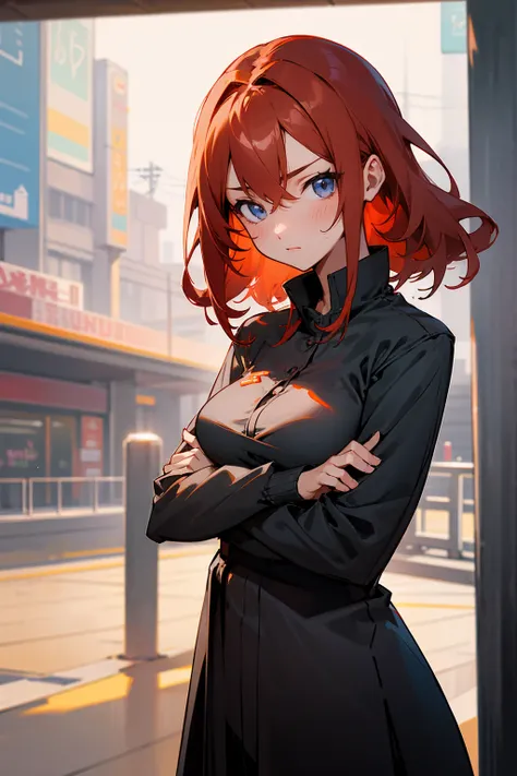 standing, facing me, town background, strong, standing, , , in station, detailed, facing viewer, facing down camera angle, detailed eyes, , random hairstyle, blank face, tall, hair, busty, sexy, older, cleavage, red head