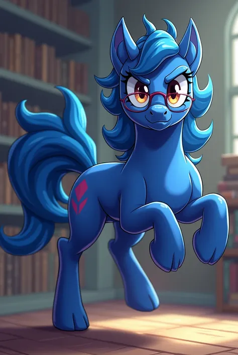 My little pony, one bat pony in a dynamic pose, bouncing, with small glasses and a blue coat color, against the background of the library, a snide smile, a tall and sharp muzzle,  strong stallion, anime style 