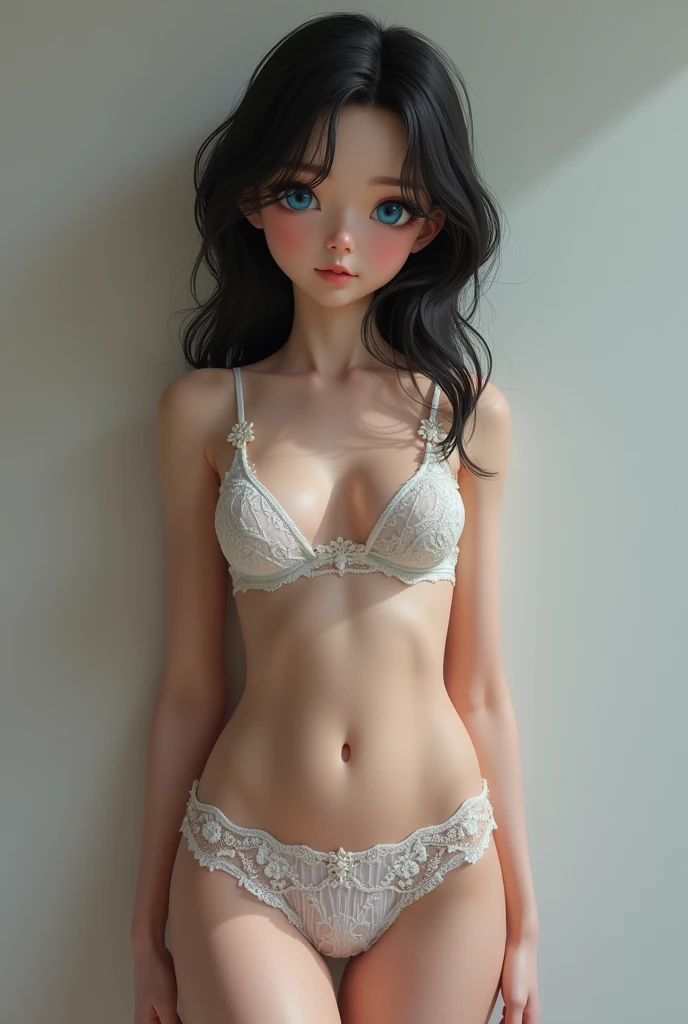  white-skinned  girl, young, negro,  with blue eyes , modeling in a realistic braga , de cuerpo entero,  and front view  