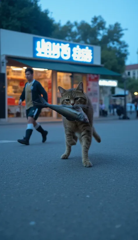 A cat runs away from a fish shop with a fish in its mouth and is chased by Leo Messi.The photo have blue tone and morning time.This photo is clicked using Blackmagic Design URISA Cine 12K LF Digital Film Camera