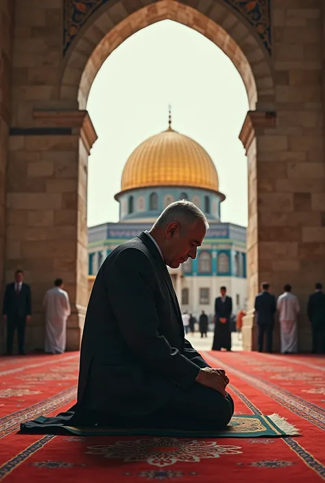 make a poster, Benjamin Netanyahu pray namaz in masjide aqsha. and craing