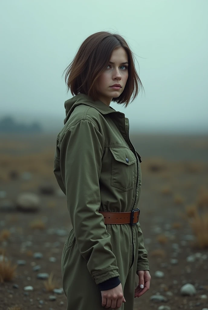 wasteland, fall out, 1 girl, refuge resident , vault jumpsuit,  brown hair,  bob haircut with multiple layers,  grey eyes , whole body, from below,  cinematic  angle, looking down,  Im looking at the viewer , cloudy sky, cloudy,  depth of field, blurred ba...