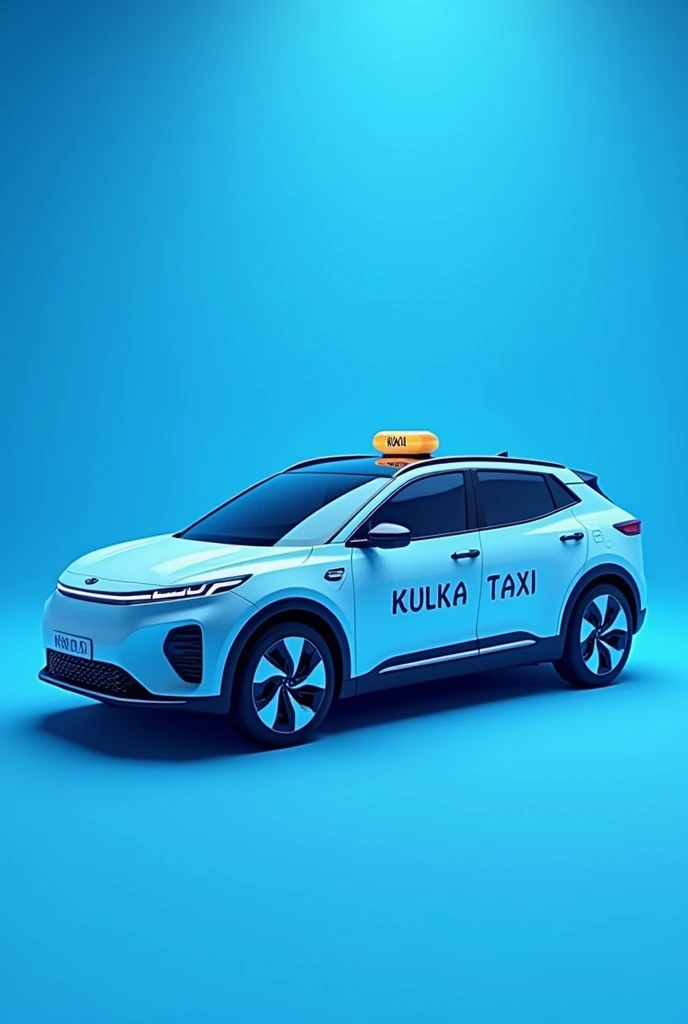 taxi company logo with an electric car, Kia, in the middle, company name "kulka taxi" on the side of the car, blue background 3D