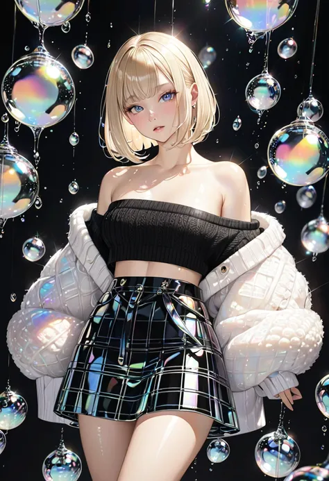 cool beauty, blonde shiny silky bob cut, amorous and lewd expression, captivating eyes, superlative body proportion, wearing black wide open shoulderless crop top oversized knit fluffy girly sweater, burberry check flare skirt, black knee-high socks, backg...