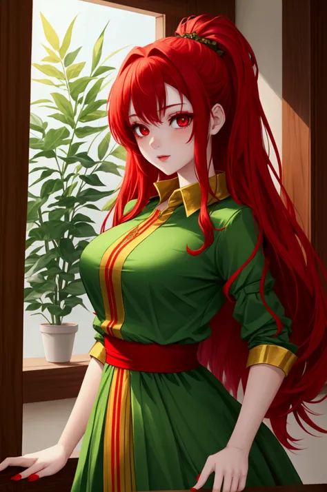 Girl with red eyes and red hair. She wear very beautiful green clothes