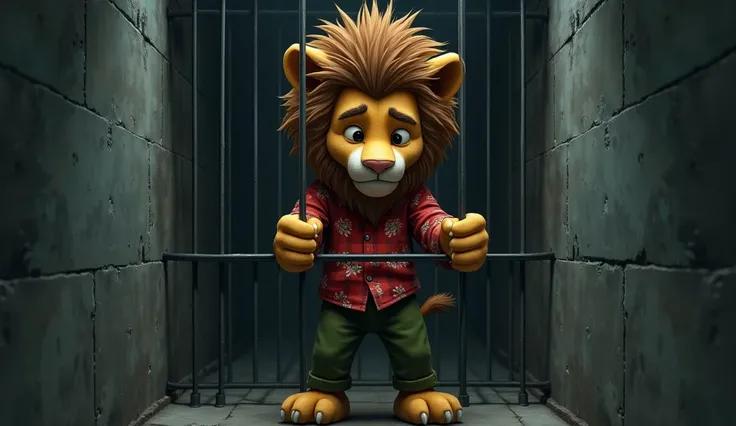 "A young lion named Raju. Raju is wearing a red checked shirt with a flower print and green pants. Raju have large fluffy fur with very detailed realistic hair style,Raju is in jail at a police station, feeling very sad. He is standing holding the iron bar...