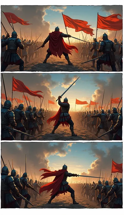 Storyboard, Comic book panel layout with white border, Multi view, Immersive, Go Pro, Action pose, Panel 5  for a paneled scene showing Vlad fighting the Ottomans alongside the Hungarians:

Create an epic three-panel illustration depicting a medieval battl...