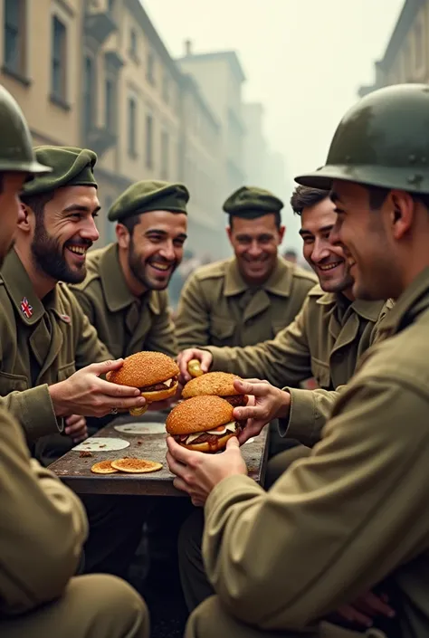  happily eating chicken burgers in World War II Germany, uk, USA, Soviet soldiers 