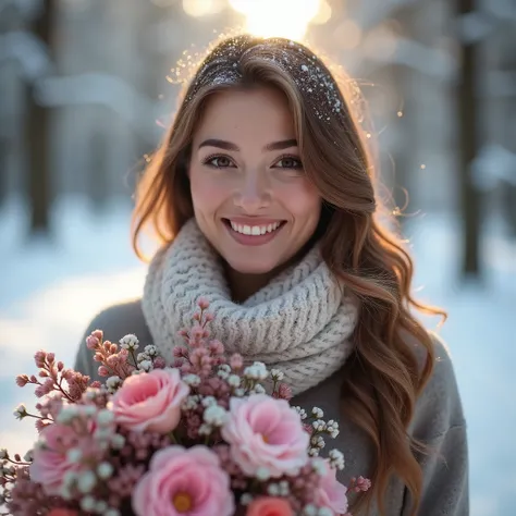 a woman standing in a snowy landscape, snow covered trees in the background, holding a bouquet of flowers, smiling and looking cheerful, beautiful detailed eyes, beautiful detailed lips, extremely detailed face, long eyelashes, winter, cozy warm atmosphere...