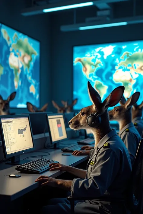 A group of kangaroos in a high-tech aviation control center, all wearing matching uniforms and headphones. The room is filled with glowing monitors and radar screens, with kangaroos intensely typing on keyboards and speaking into microphones. Some are poin...