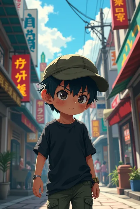 a dwarf street boy ,wearing a black shirt with a hat,cool,in a neighborhood  ,anime