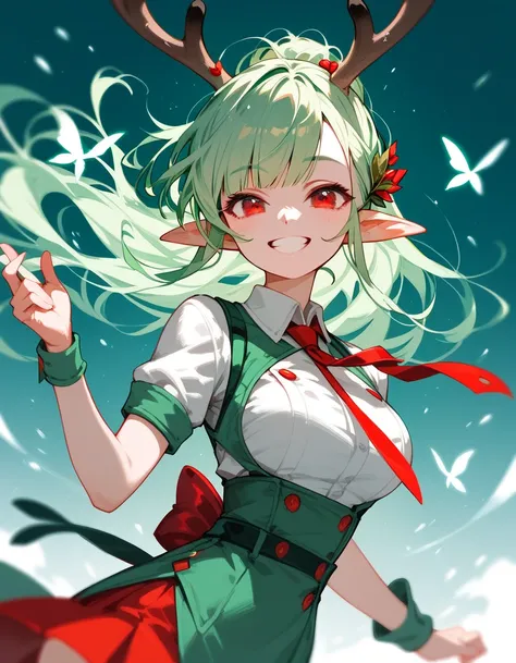 girl,Green hair,Elf Long Ears ,There are deer antlers ,Im tight , Smiling , Short Sleeve Floating Waistcoat, in red eyes ,