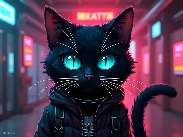  Design a cyberpunk-themed poster named Muzineko prominently placed in the central area .  The poster must feature a rebellious black cat serving as its mascot .  The dimensions of the poster should be 750 pixels wide and 250 pixels high . Please note the ...