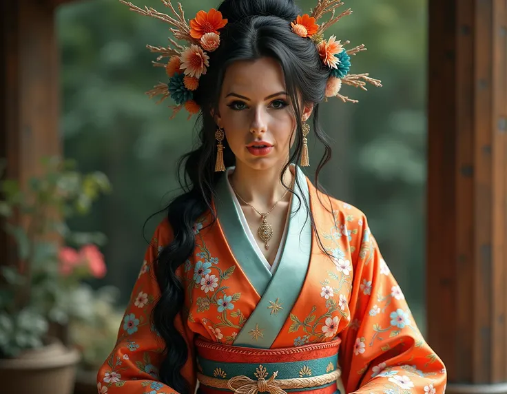 vestimentas: Hailey Grice exudes the allure of Wano Kuni in her exquisite attire, effortlessly blending traditional Japanese style with a touch of sensual fantasy. Adorned in a vibrant kimono adorned with intricate yet sensual patterns, and a wide obi belt...