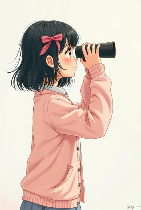 A black haired girl in side view holding binocular with light pink cardigan and pink coquette ribbon, hand drawn style with color 