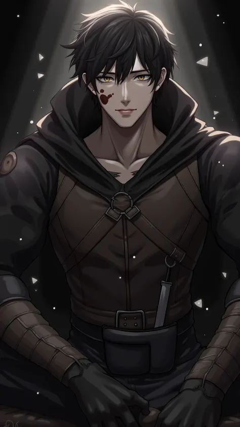 (超 high resolution,  high resolution,  super detailed),  1 Boy , aldult,  Handsome,  high muscle face , broad shoulders,  detailed eyes ,  Black Short Hair,  brown eyes,  black cape, wearing hood, Leather vest,  waist bag ,  2 daggers on the belt , castle,...