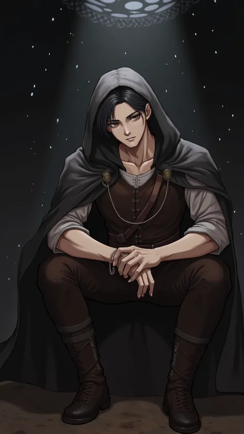 (超 high resolution,  high resolution,  super detailed),  1 Boy , aldult,  Handsome,  high muscle face , broad shoulders,  detailed eyes ,  Black Short Hair,  brown eyes,  black cape, wearing hood, Leather vest,  waist bag ,  2 daggers on the belt , castle,...