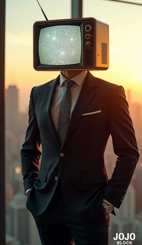 Create a hyper-realistic adult character with a vintage television set as their head, displaying sophisticated digital patterns that shift in holographic shades of silver, white, and gold. The character is dressed in an impeccably tailored suit, complete w...