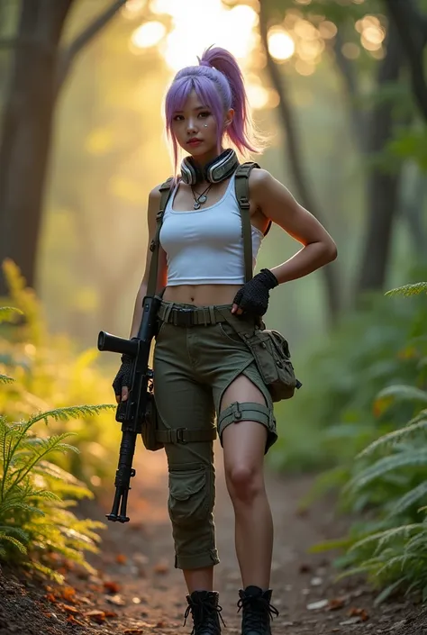 A full body shot of an 18-year-old Asian woman with pastel purple hair tied into a high side ponytail positioned on the left side of her head, standing confidently in a tranquil suburban forest. Her youthful features include smooth, radiant skin, almond-sh...