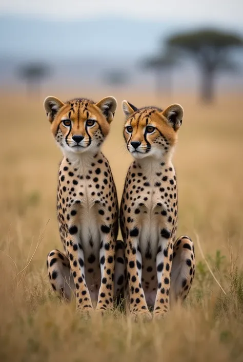 there are two cheetah cubs standing on the ground together, on the african plains, cheetah, photographer art wolfe, image credit nat geo, trending ，, beautiful nature, incredibly beautiful, by Juergen von Huendeberg, humanoid cheetah, absolutely outstandin...