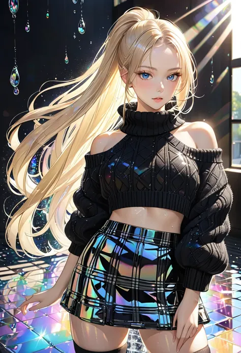 cool beauty, blonde shiny silky ponytail, amorous and lewd expression, captivating eyes, superlative body proportion, wearing black wide open shoulderless crop top oversized knit fluffy girly sweater, burberry check flare skirt, black knee-high socks, back...