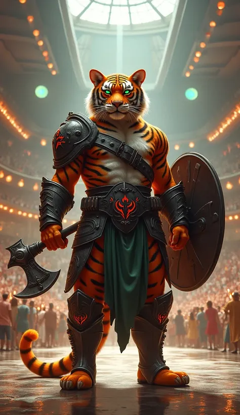 An anthropomorphic tiger warrior with vibrant orange-striped fur and piercing green eyes stands in the center of a grand indoor stadium. The multi-level seating is packed with a roaring crowd, illuminated by torches and magical orbs suspended from the ceil...