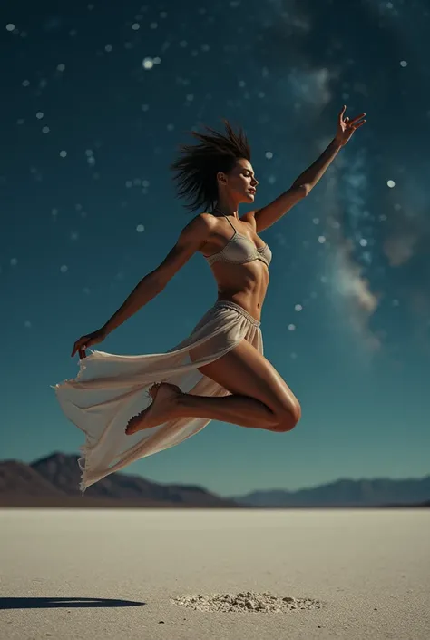 Masterpiece, best quality, ((salt flat)), 4K,8K,style,masterpiece, beautiful muscular ballerina wearing sheer sexy long dress, in mid air at peak of jump,  back arched , string thong panties, at night long charge, ((ultra-detailed)), outdoors, dramatic bac...