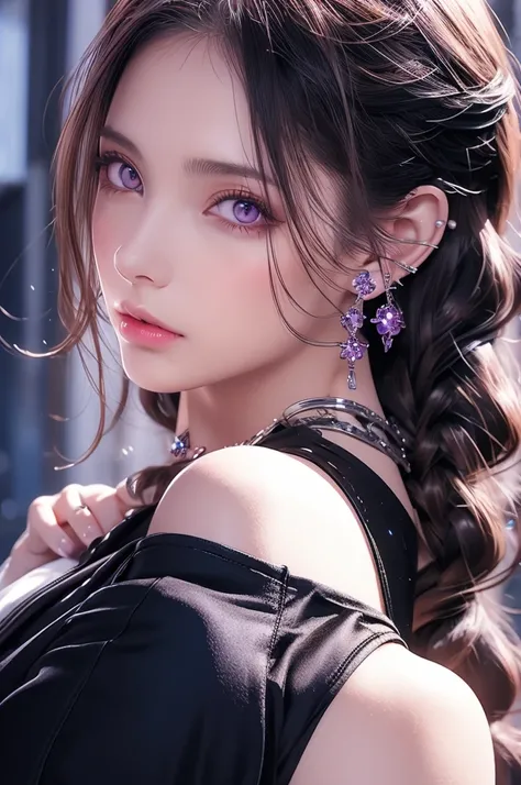 Droopy eyes， light purple eyes ， Long Hair， An Extraordinary Beauty ，Model，Earrings， black dress，Hitman， anime illustration，