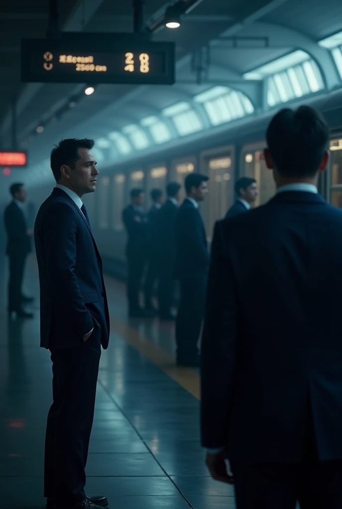 dark駅　 all men in blue suits forming a line　Create a line　dark