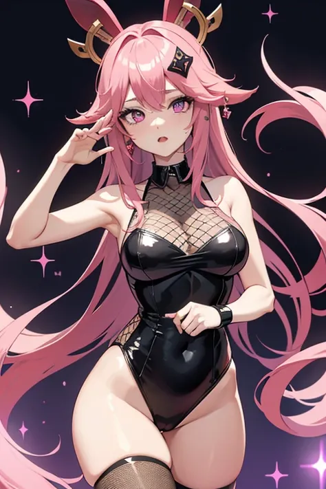 hot girl, kpop idol, yae miko,black tight bunny clothes, black bunny ears, PINK hair, long hair, best quality,(hair ornament:1.35), jewelry, purple eyes, earrings, big but medium breasts, long black sheer fishnet socks, detailed face, nontraditional miko, ...