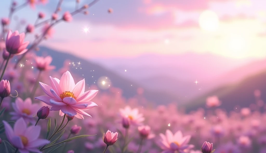 A close-up of the wind gently brushing through blooming flowers, carrying glowing particles of light. In the background, distant hills fade into soft hues of pink and lavender, under a serene, early evening sky.  