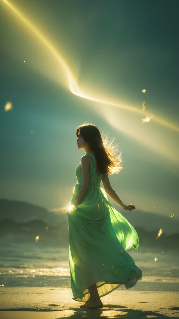  with soft swirling wind in the background 、 A dreamy, fantastic atmosphere is expressed 。Shining particles of light floating in the air 、 silhouette of a person walking far away 、 include vivid rays symbolizing transformation and spiritual connection。 The...