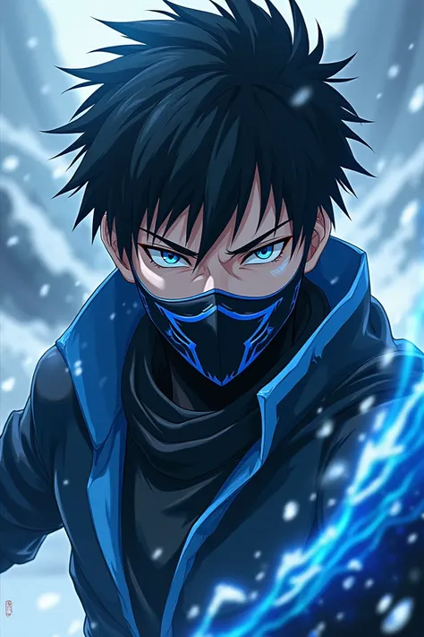 ( best quality)), (( masterpiece )), (detailed),  man with black hair ,  Blue Eyes,  black mask with blue details , fighting pose, (Inspirado em um ice ninja ), (ice powers), (Berserk art style:1.2), retrato em close, ice ninja  ( Sub-zero mortal kombat :1...