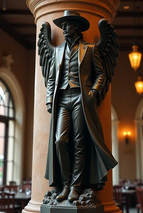 I have a column in the middle of my restaurant and I want it to be covered with a statue, but the statue should be a man with a long coat and a western tip, the wings of the statue should be downwards, the statue should lean on the column and its overall s...