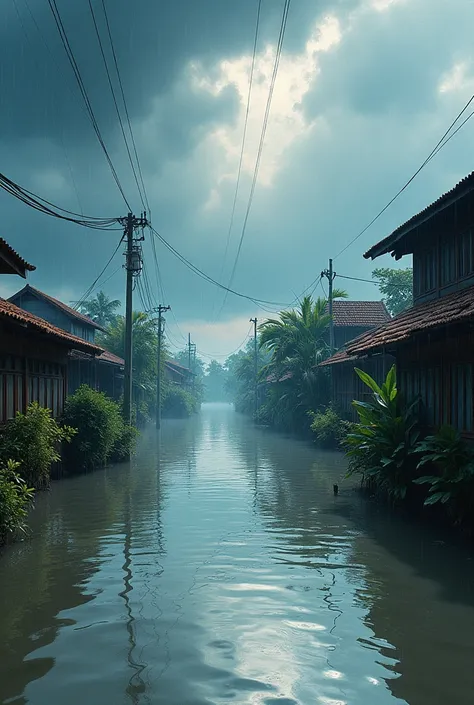 flooding in Malay village, heavy rain, Dark clouds , watercolor splash art stlye --ar 16:9 --quality 2 --style raw --personalize m8zjk26 --stylize 1000 --v 6.1