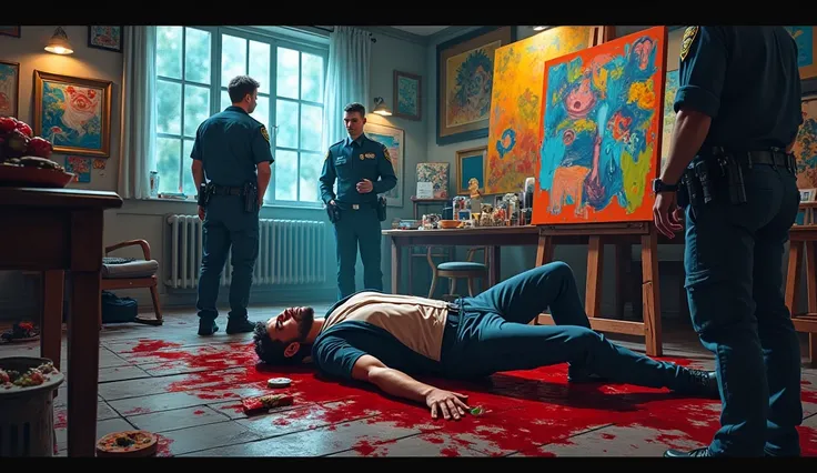 Aryan’s body collapsing, blood staining his studio floor, Officers inspecting the crime scene with Aryan’s body in the background and Rhea staring at the paintings.