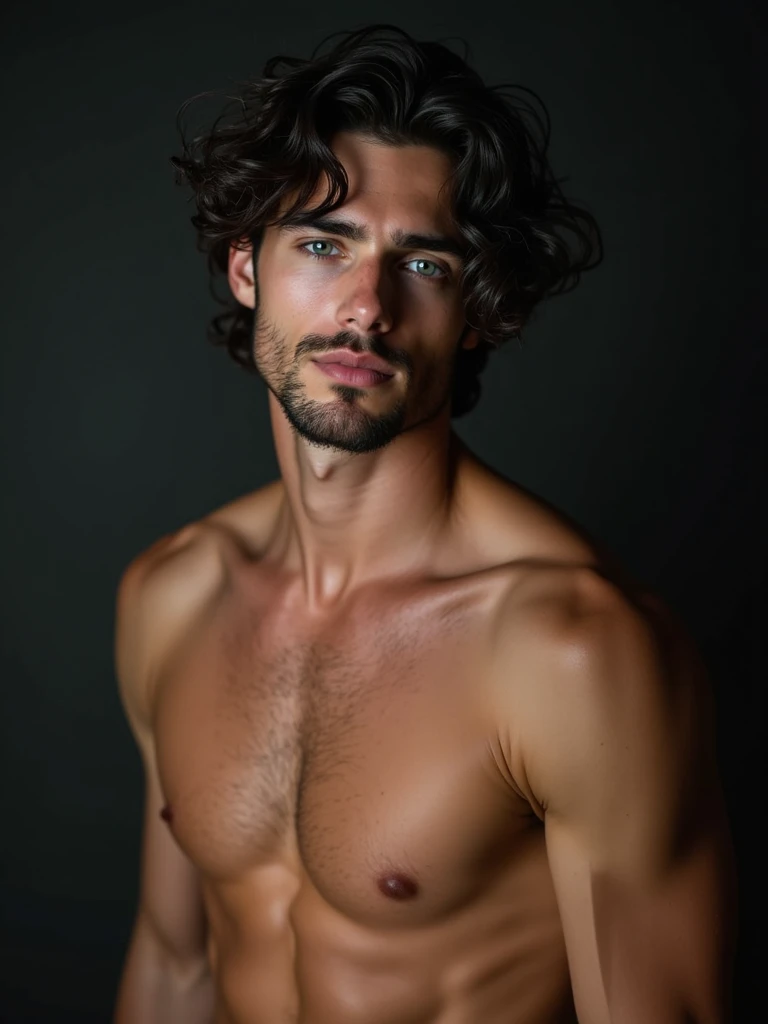 portrait of a handsome male model, , shirtless, barechest, without beard, with dark messy wavy hair, super light blue eyes, thick lips, defined muscles, fit, ripped body, medium shot, ultra highest detailed face, darmatic lighting, dim light