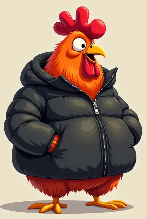 Animated fat rooster with black puffer jacket