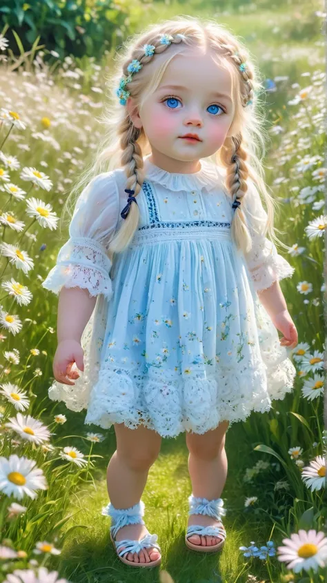 very cute  ( baby looking  )  big beautiful blue eyes (Live , Reflecting)  long black eyelashes  ( expressive ),  plump pink lips and baby blush ,  long blonde hair braided in 2 braids with daisy bands ,  sandals are standing in a delicate fluffy and flyin...