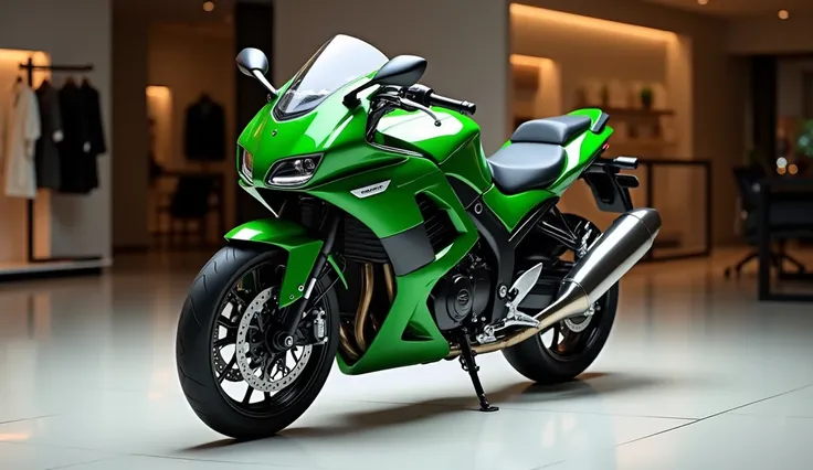 2025 kawasaki z1300 stand in the showroom  luxury with its full front view in the green color 