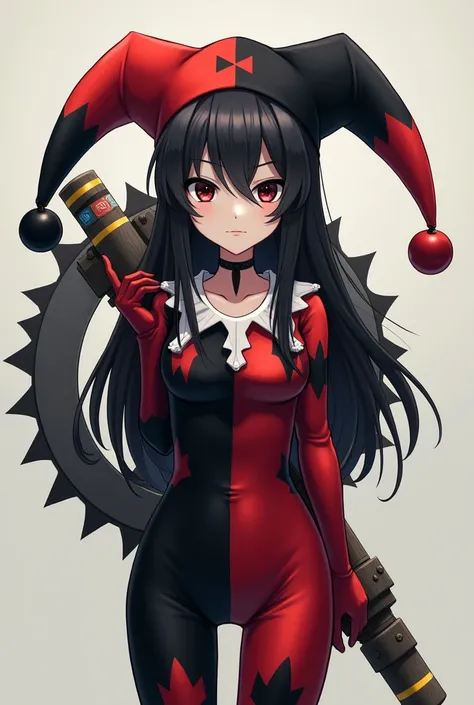  An anime faith girl with pale skin and barely visible facial features .   She has long straight black hair that falls beyond her shoulders .  She wears a red and black harlequin costume with a black bodice with red details and a dark cross in the center ....