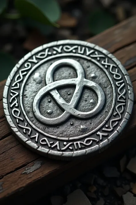  I need a silver coin with a diameter of 33 mm and a thickness of 3 mm. On the front there is a triquetra  ,  on the back is the silhouette of a mermaid .  Everything about the coin is silver and it looks freshly forged  