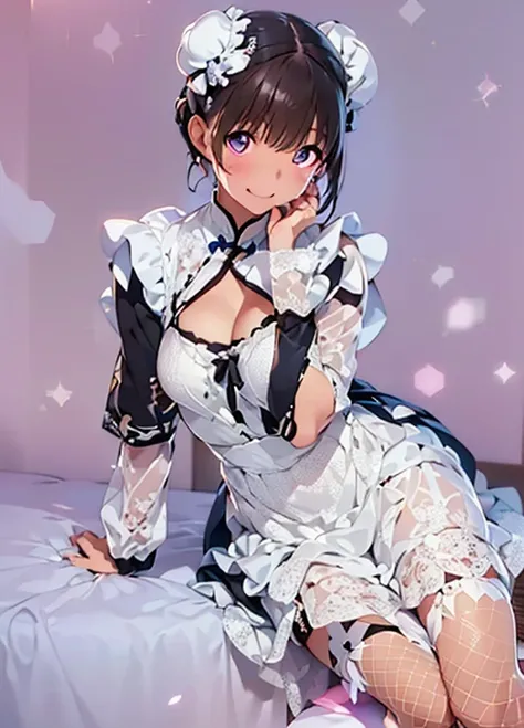   high definition  ,In 8K, best quality , Details, semi-realistic anime , D Anime Style , Smooth Anime CG , one girl, 19-year-old Japanese woman, slim,modeling,(( 2 bun hair )),(((China maid clothes))),(( White Patterned Clothes )),(( Black Lace )), pink l...