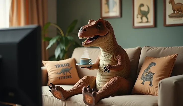 An overly happy T-Rex ,  holding a small cup of coffee ,  with steam coming out of it .  He is sitting on a modern couch ,  wearing slippers and watching TV .  Details such as cushions with dinosaur prints and funny pictures on the wall complete the scene.