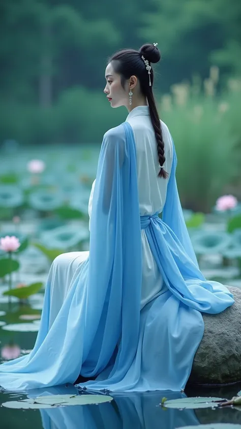  A blue dress , 16 feet long , A woman sitting on a rock in the water ,  elegantly standing on a lotus , ethereal beauty,  wearing a blue flag robe , court, A girl wearing Hanfu,  wearing a blue flag robe ,  Fairy feet ,  in a pond , white hanfu,  a stunni...