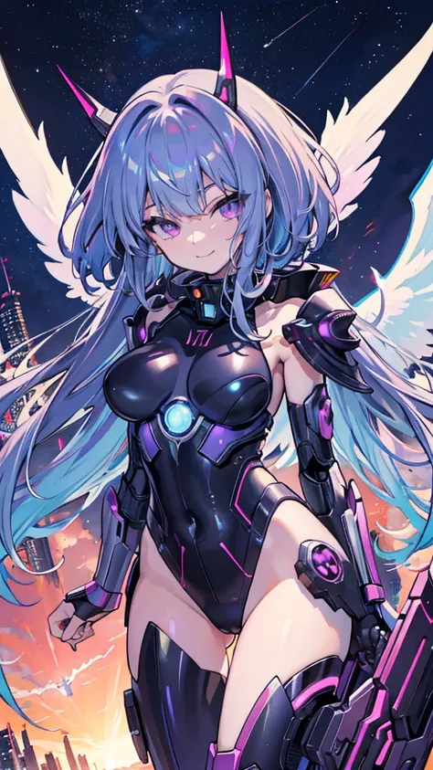 masterpiece,( bestquality ), height detail ,Super Fine,1 Girl,(Mechanical Wings :Kanekoen,Glowing eyes: blue,Kanekoenrarmor:1.2,Long ears:0.8),( Cyberpunk City:1.5,arms:Energy Blade),(Fantasy Landscape:1.2, natural light:1.5,Confident々Expression),(panorami...